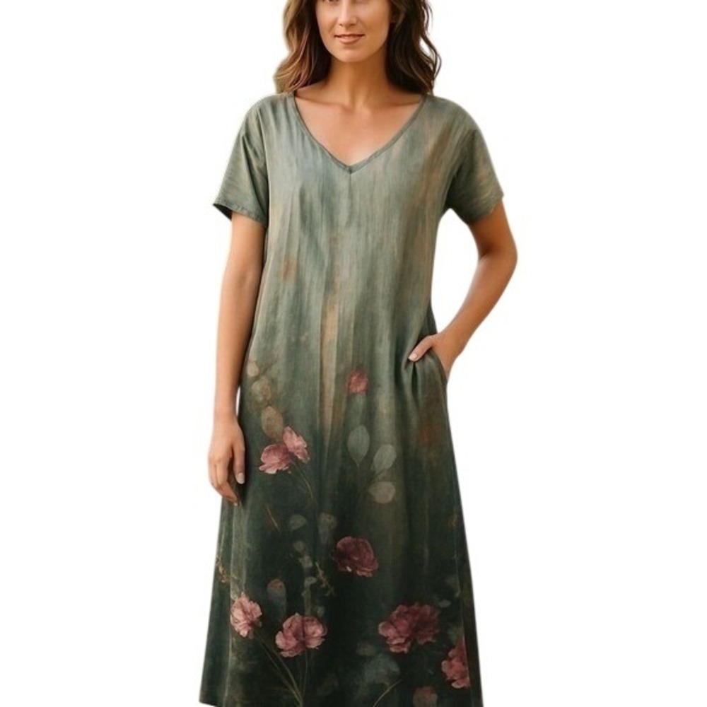 Just Fashion Now XL Green Floral Maxi Dress Boho Artsy V Neck NWT